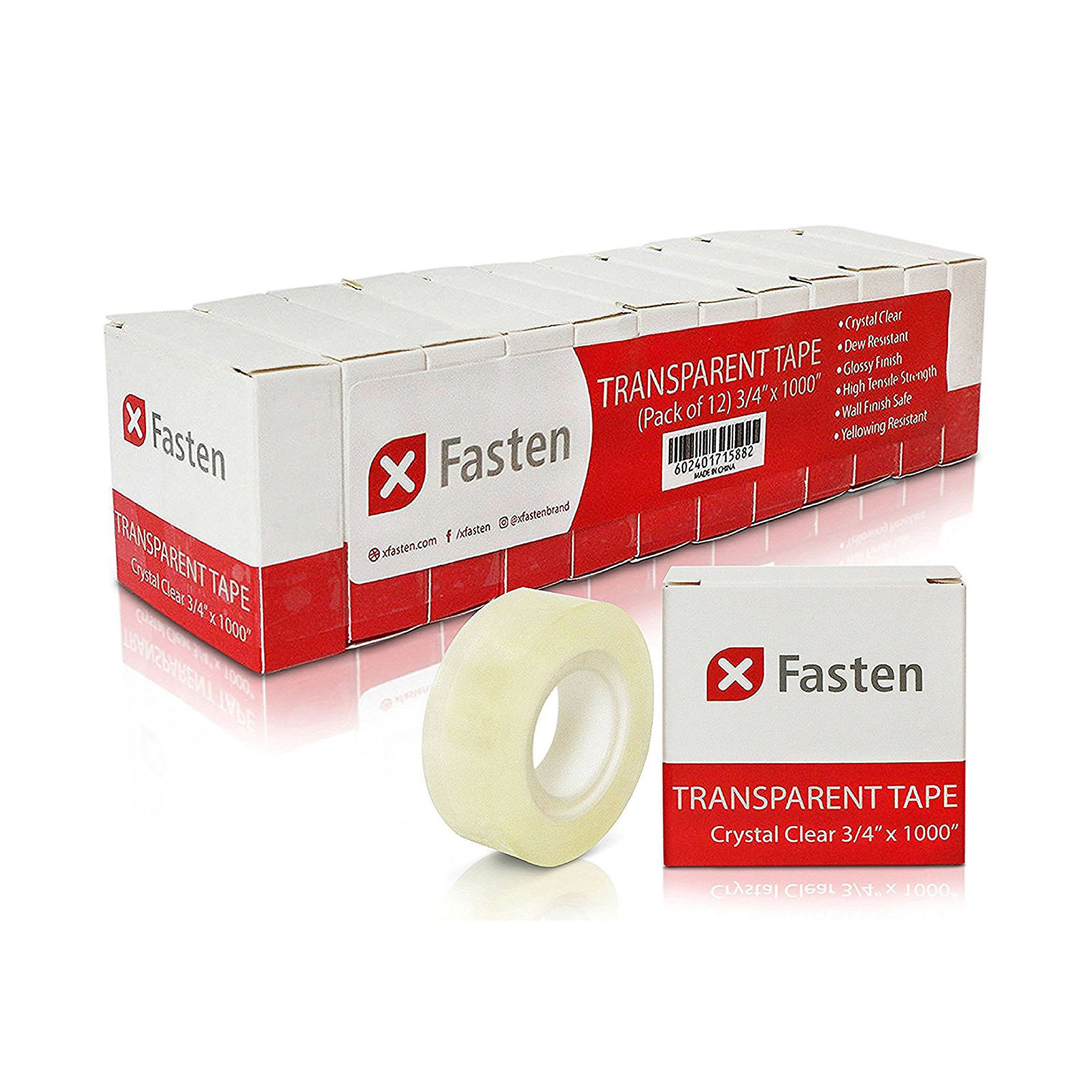 XFasten Crystal Clear Transparent Tape 3/4-Inch by 1000" (12 Pack)