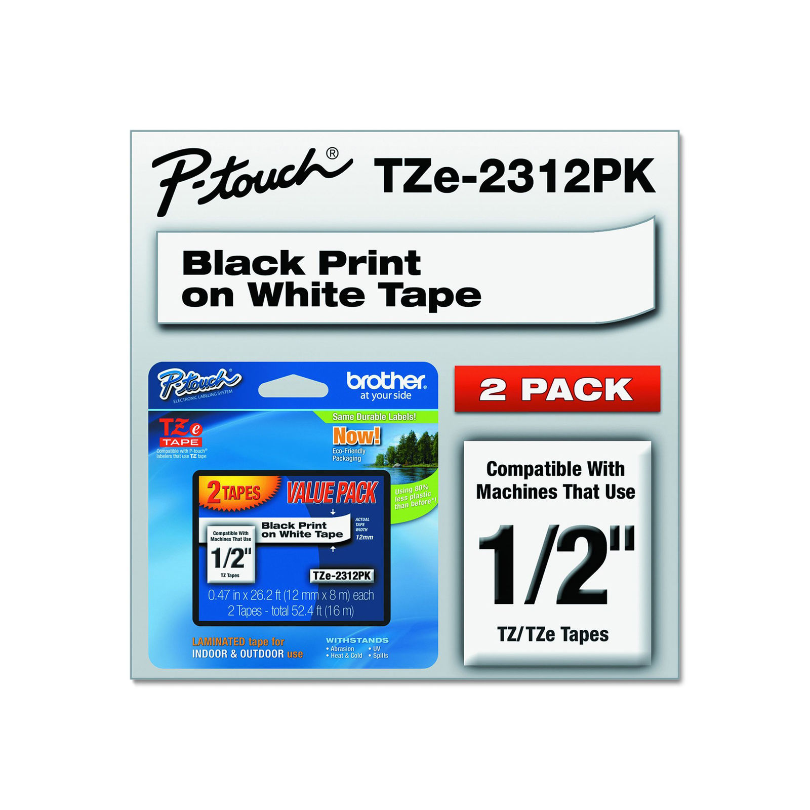 Brother Genuine P-touch, TZE2312PK, 1/2" (0.47") Laminated P-Touch Tape (2 Pack)